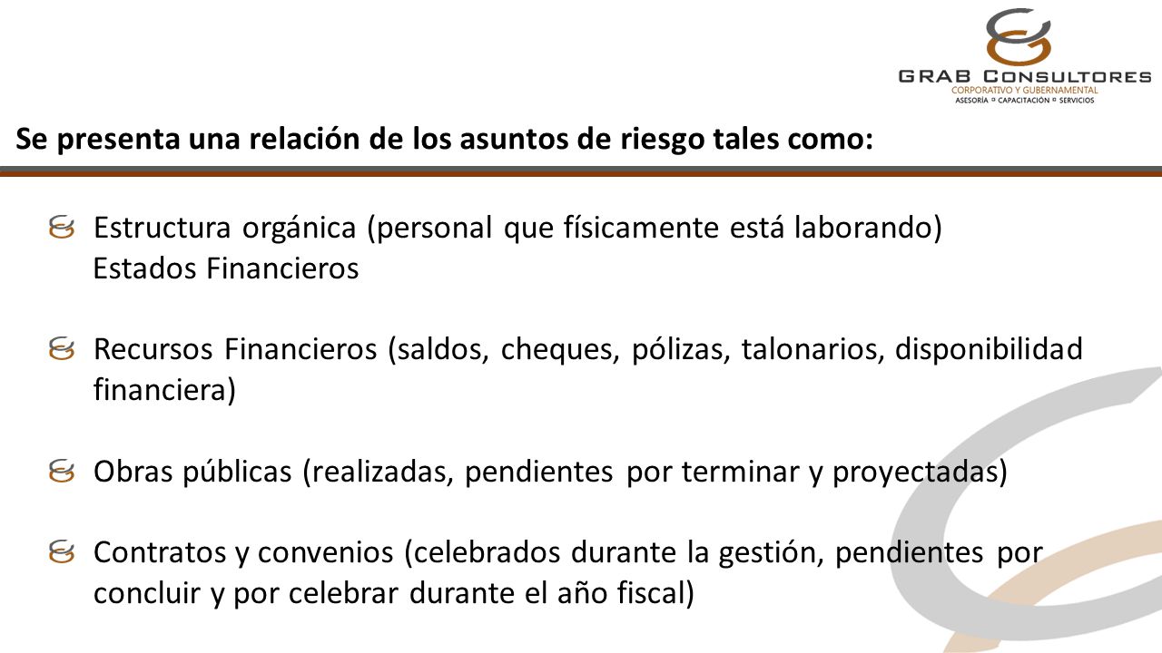 Se presenta una relación de los asuntos de riesgo tales como: