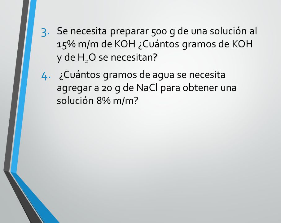 Se necesita preparar 500 g de una solución al 15% m/m de KOH ¿Cuántos gramos de KOH y de H2O se necesitan