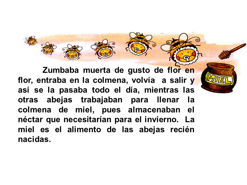 Zumbaba muerta de gusto de flor en flor, entraba en la colmena, volvía a salir y así se la pasaba todo el día, mientras las otras abejas trabajaban para llenar la colmena de miel, pues almacenaban el néctar que necesitarían para el invierno.