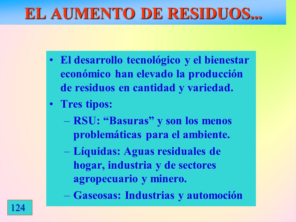 EL AUMENTO DE RESIDUOS... El desarrollo tecnológico y el bienestar económico han elevado la producción de residuos en cantidad y variedad.