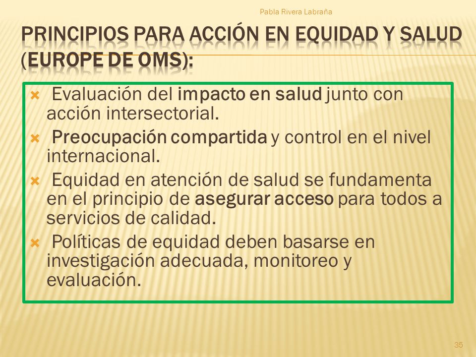 Principios para acción en equidad y salud (Europe de OMS):
