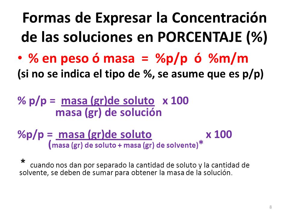 Formas de Expresar la Concentración de las soluciones en PORCENTAJE (%)
