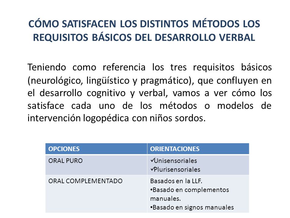 CÓMO SATISFACEN LOS DISTINTOS MÉTODOS LOS REQUISITOS BÁSICOS DEL DESARROLLO VERBAL