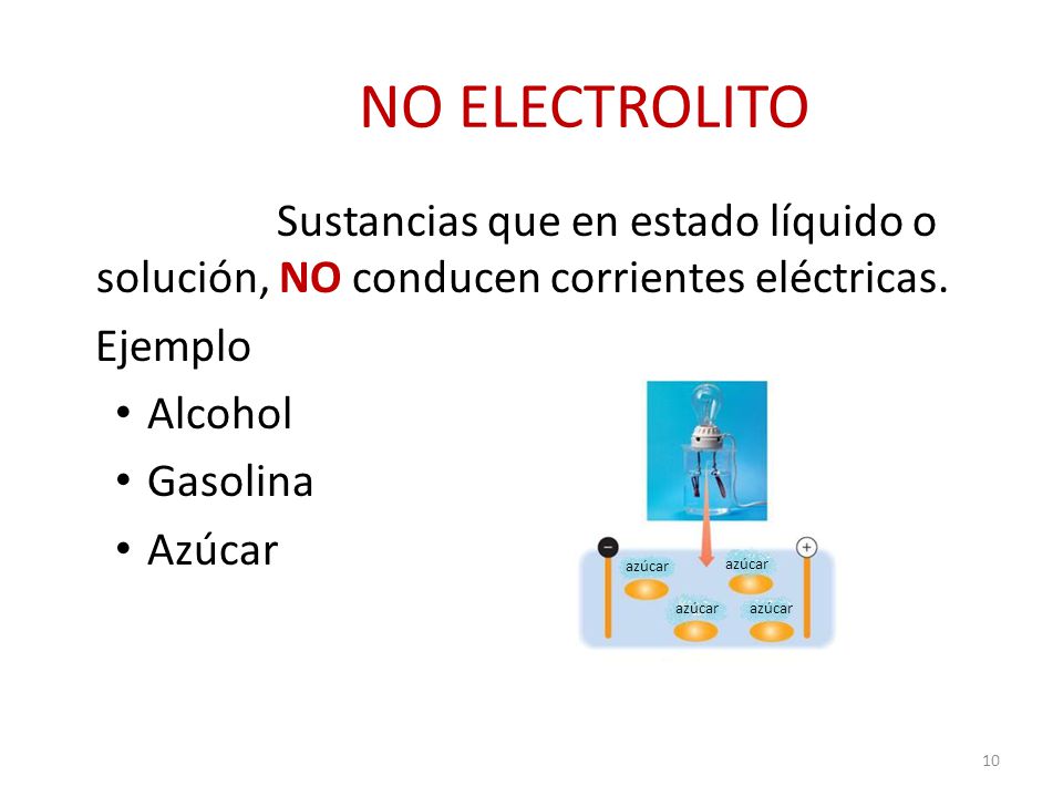 NO ELECTROLITO Sustancias que en estado líquido o solución, NO conducen corrientes eléctricas. Ejemplo.