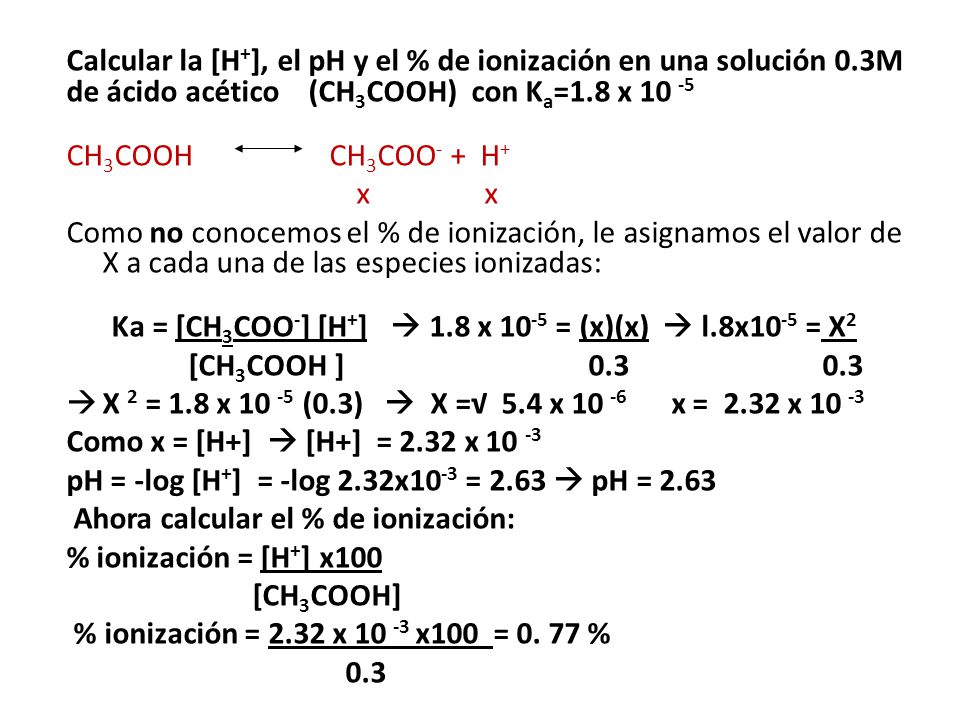 Calcular la [H+], el pH y el % de ionización en una solución 0
