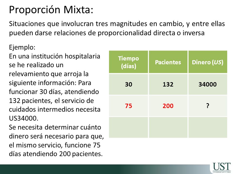 Proporción Mixta: Situaciones que involucran tres magnitudes en cambio, y entre ellas pueden darse relaciones de proporcionalidad directa o inversa.