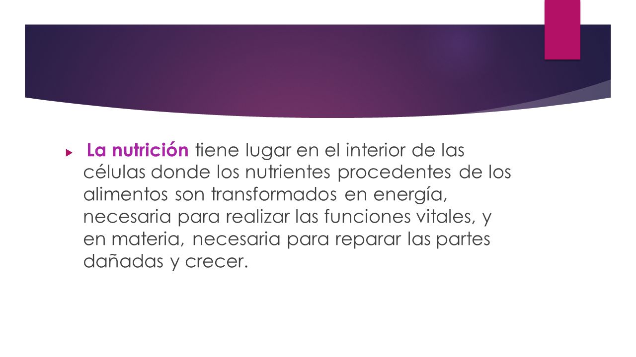 La nutrición tiene lugar en el interior de las células donde los nutrientes procedentes de los alimentos son transformados en energía, necesaria para realizar las funciones vitales, y en materia, necesaria para reparar las partes dañadas y crecer.