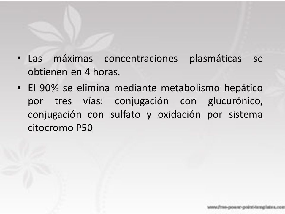 Las máximas concentraciones plasmáticas se obtienen en 4 horas.