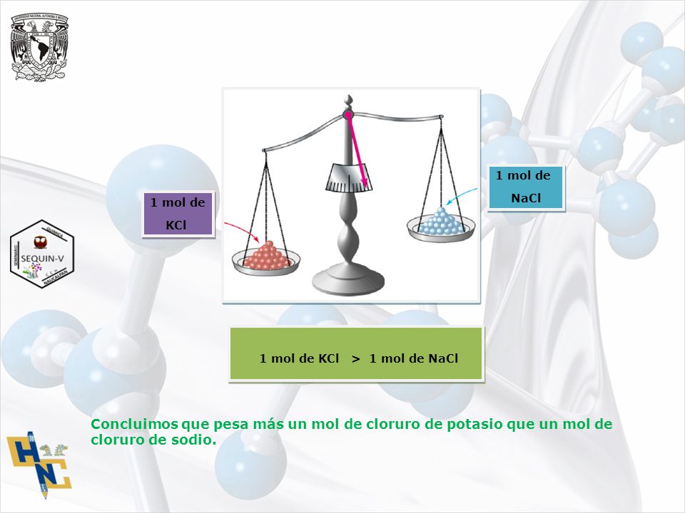 1 mol de NaCl. 1 mol de. KCl. 1 mol de KCl > 1 mol de NaCl.