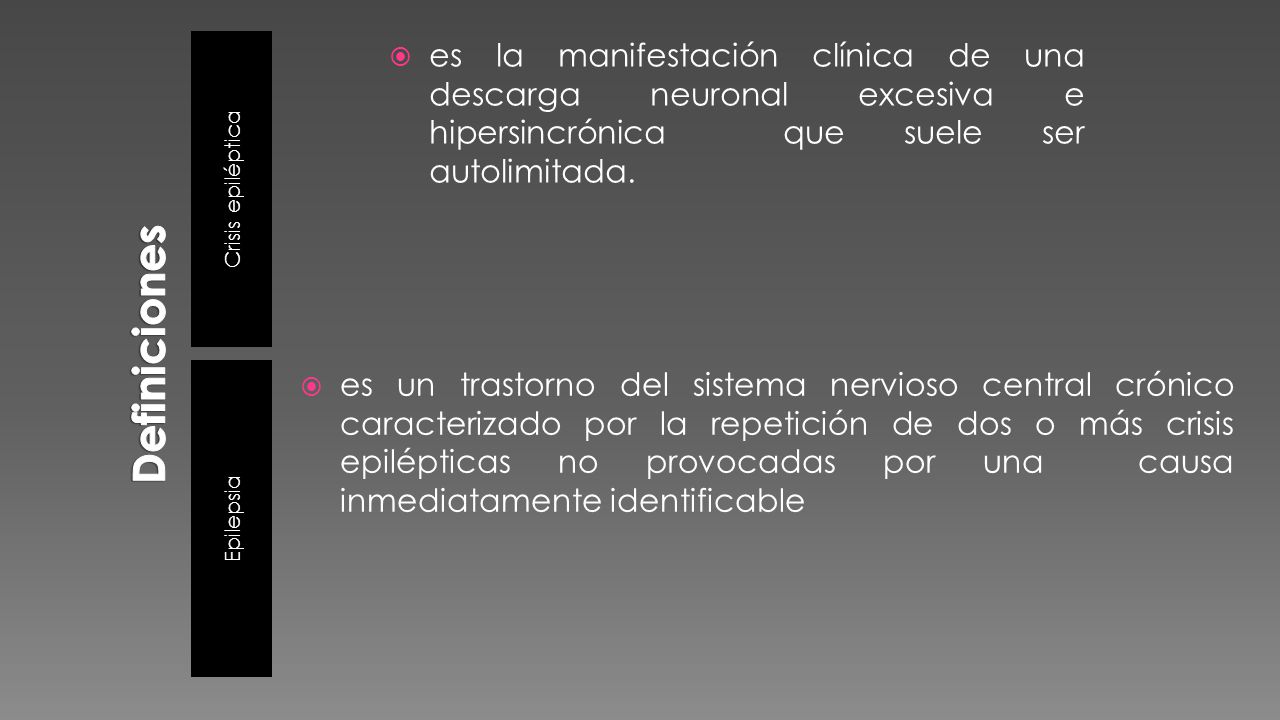 Definiciones Crisis epiléptica. es la manifestación clínica de una descarga neuronal excesiva e hipersincrónica que suele ser autolimitada.