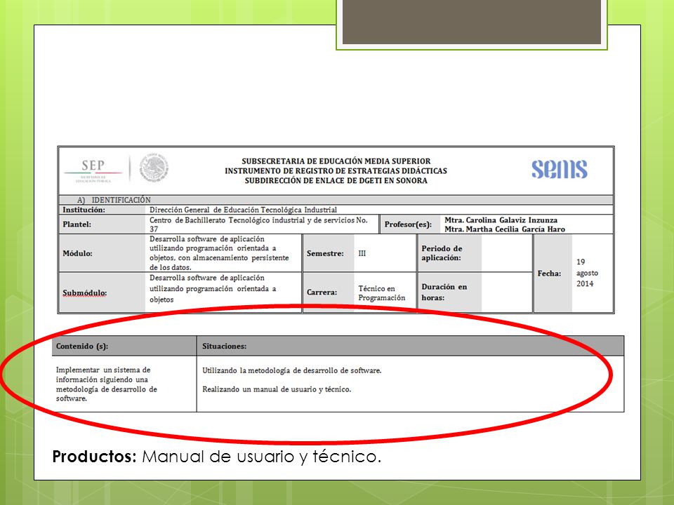 Productos: Manual de usuario y técnico.