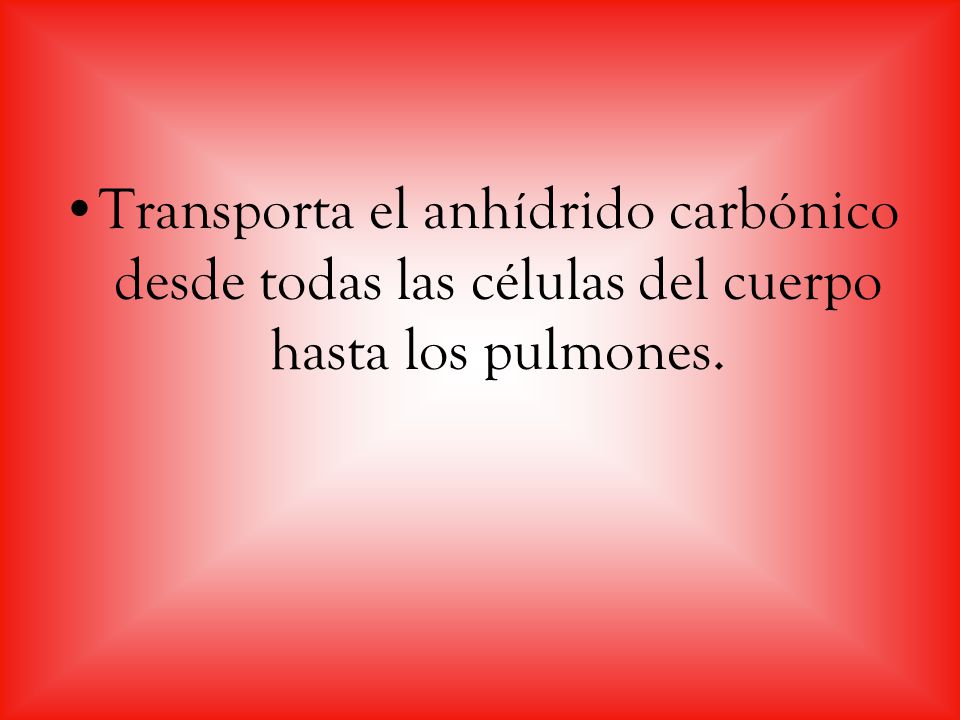 Transporta el anhídrido carbónico desde todas las células del cuerpo hasta los pulmones.