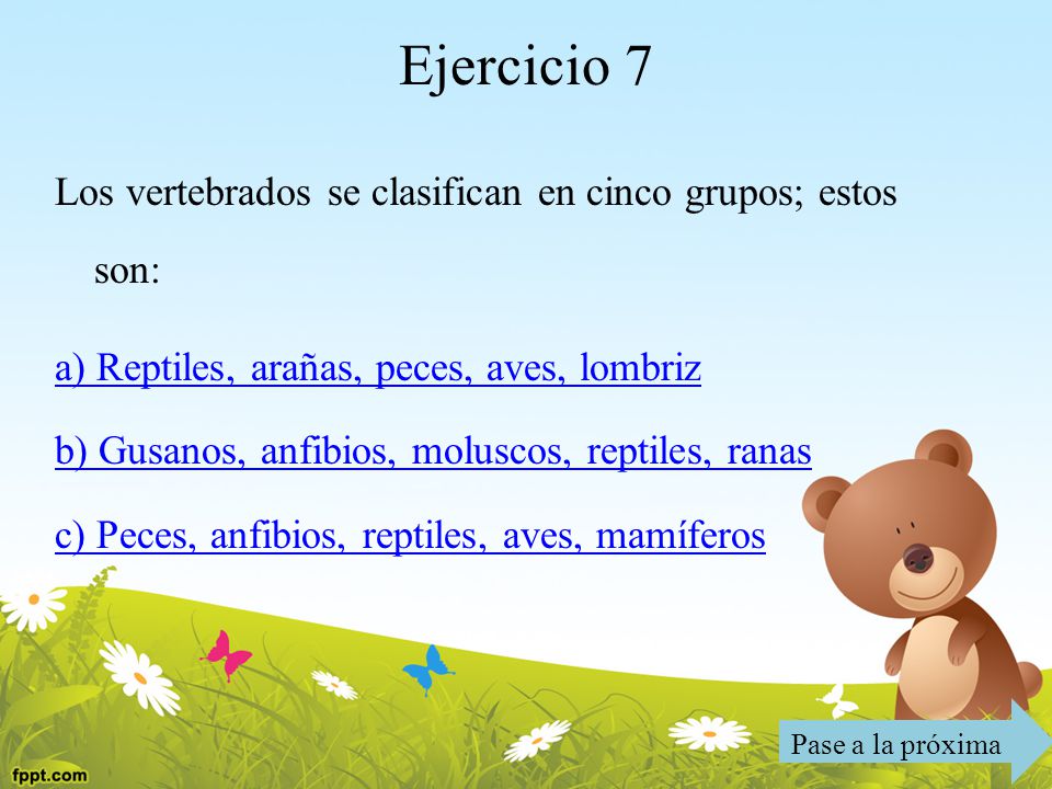 Ejercicio 7 Los vertebrados se clasifican en cinco grupos; estos son: