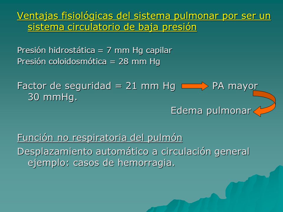 Factor de seguridad = 21 mm Hg PA mayor 30 mmHg. Edema pulmonar