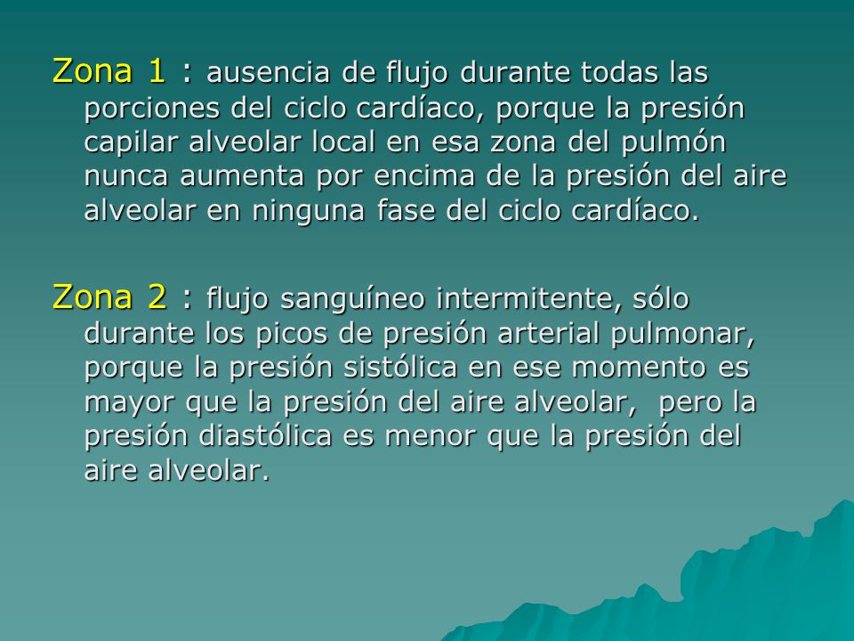 Zona 1 : ausencia de flujo durante todas las porciones del ciclo cardíaco, porque la presión capilar alveolar local en esa zona del pulmón nunca aumenta por encima de la presión del aire alveolar en ninguna fase del ciclo cardíaco.