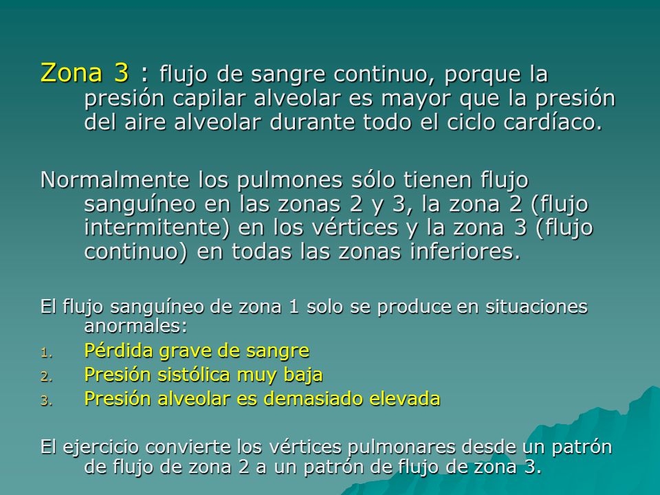 Zona 3 : flujo de sangre continuo, porque la presión capilar alveolar es mayor que la presión del aire alveolar durante todo el ciclo cardíaco.