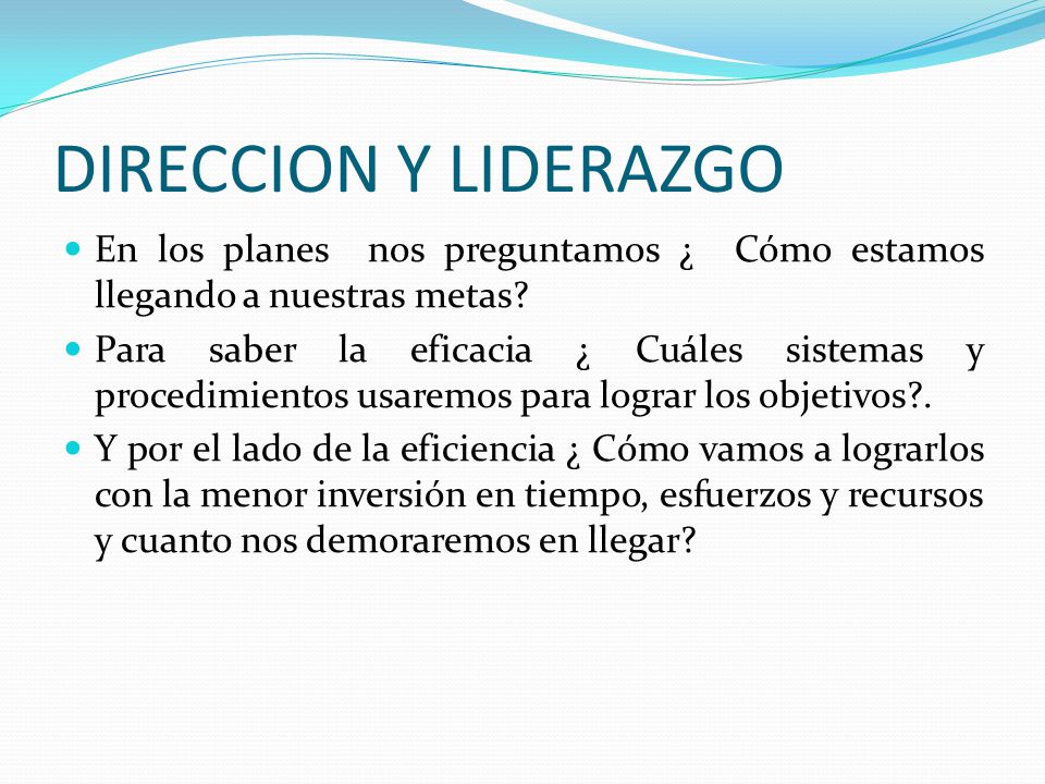 DIRECCION Y LIDERAZGO En los planes nos preguntamos ¿ Cómo estamos llegando a nuestras metas