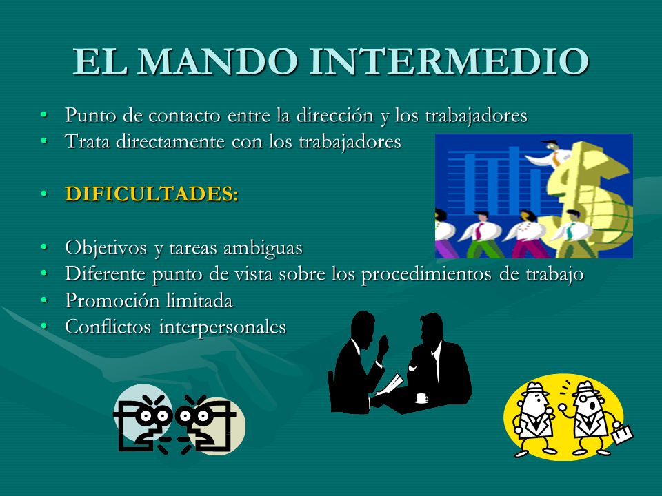 EL MANDO INTERMEDIO Punto de contacto entre la dirección y los trabajadores. Trata directamente con los trabajadores.