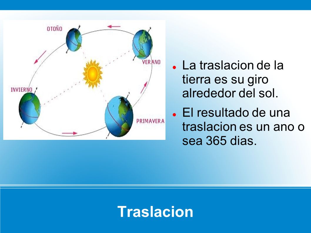 Traslacion La traslacion de la tierra es su giro alrededor del sol.