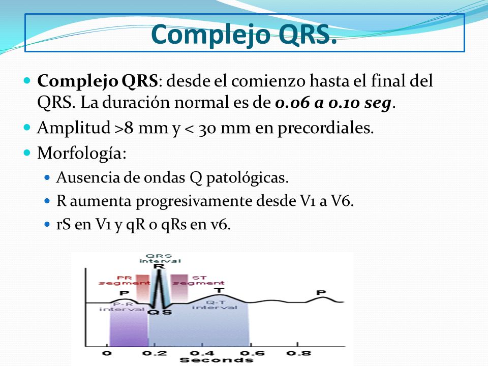 Complejo QRS. Complejo QRS: desde el comienzo hasta el final del QRS. La duración normal es de 0.06 a 0.10 seg.