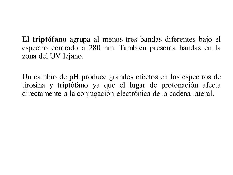 El triptófano agrupa al menos tres bandas diferentes bajo el espectro centrado a 280 nm. También presenta bandas en la zona del UV lejano.