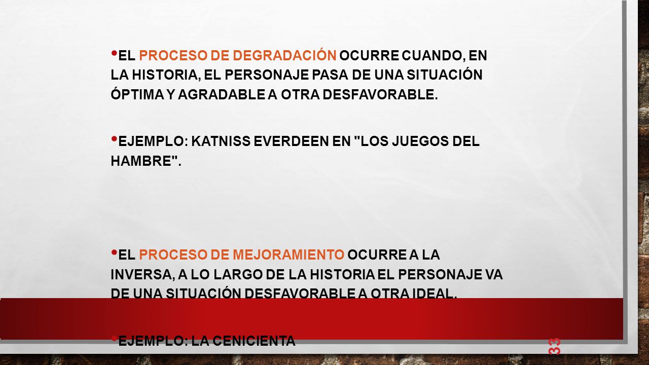 El proceso de degradación ocurre cuando, en la historia, el personaje pasa de una situación óptima y agradable a otra desfavorable.