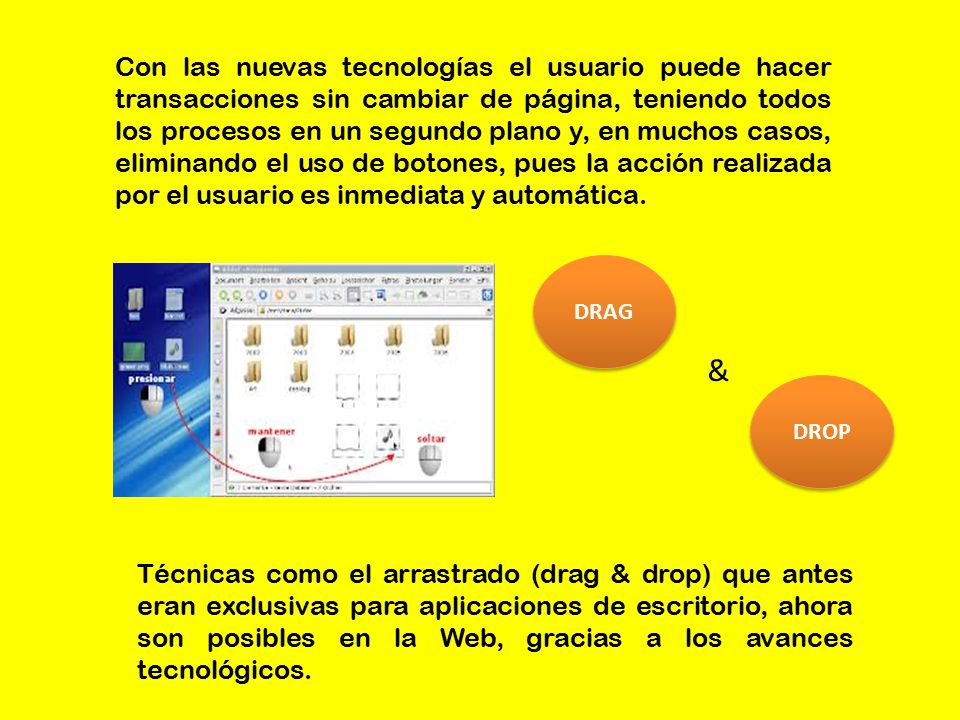 Con las nuevas tecnologías el usuario puede hacer transacciones sin cambiar de página, teniendo todos los procesos en un segundo plano y, en muchos casos, eliminando el uso de botones, pues la acción realizada por el usuario es inmediata y automática.