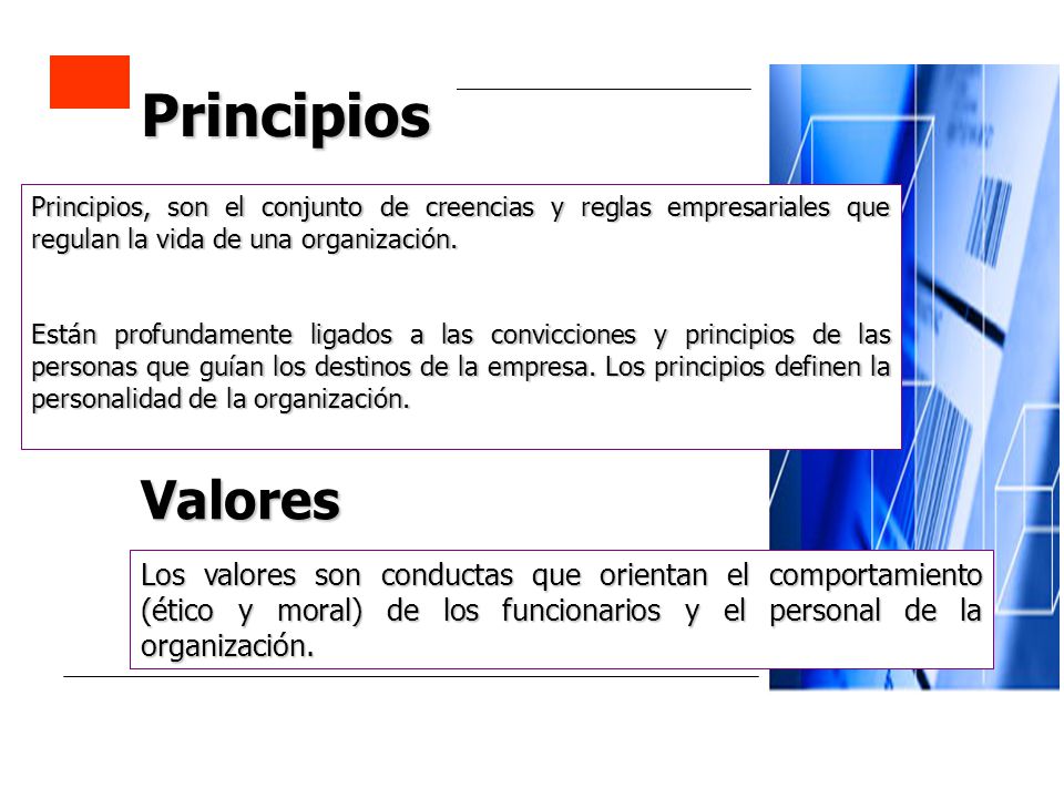 Principios Principios, son el conjunto de creencias y reglas empresariales que regulan la vida de una organización.