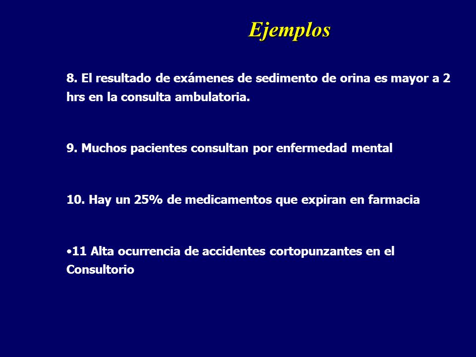 Ejemplos 8. El resultado de exámenes de sedimento de orina es mayor a 2 hrs en la consulta ambulatoria.