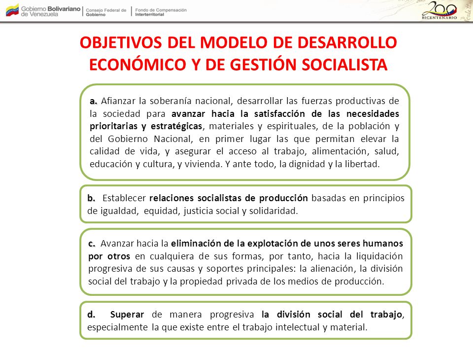OBJETIVOS DEL MODELO DE DESARROLLO ECONÓMICO Y DE GESTIÓN SOCIALISTA