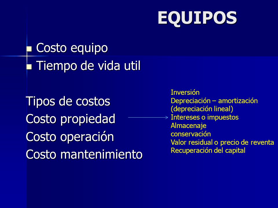 EQUIPOS Costo equipo Tiempo de vida util Tipos de costos