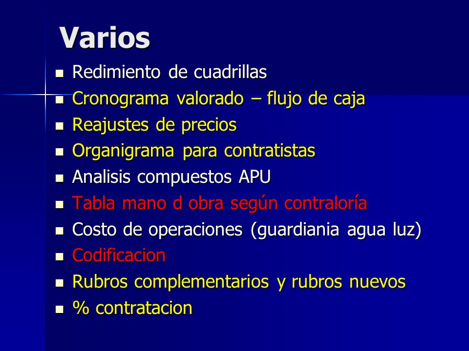Varios Redimiento de cuadrillas Cronograma valorado – flujo de caja