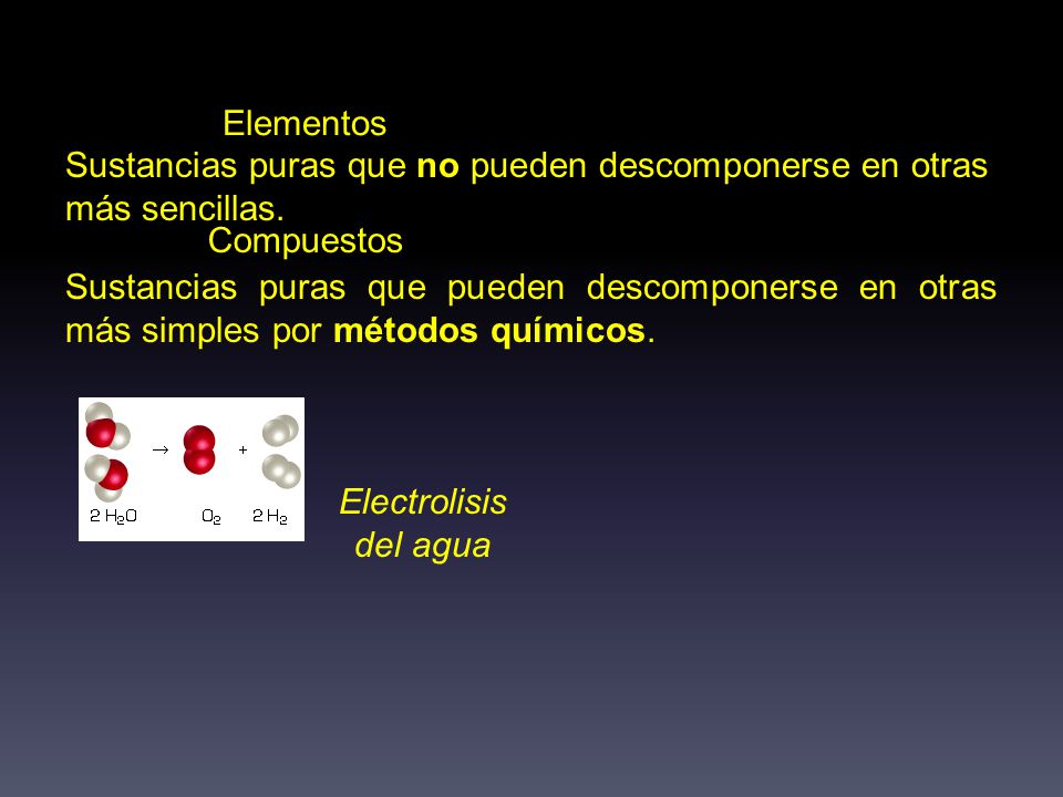Elementos Sustancias puras que no pueden descomponerse en otras más sencillas. Compuestos.