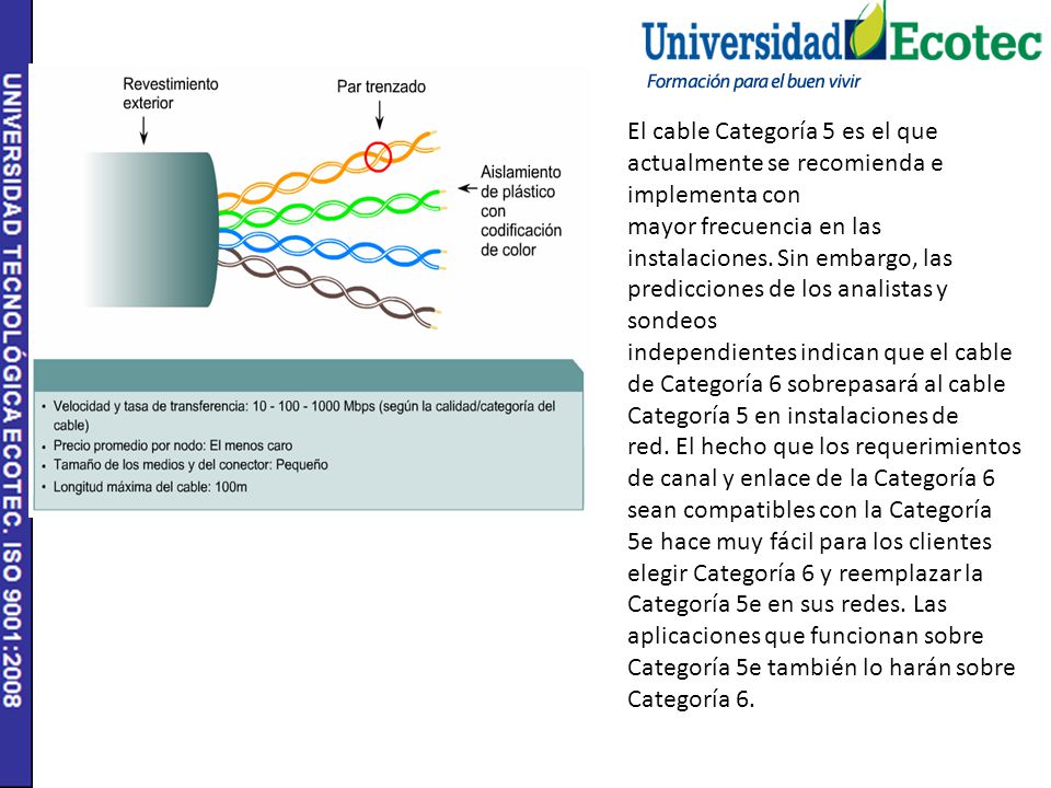 El cable Categoría 5 es el que actualmente se recomienda e implementa con