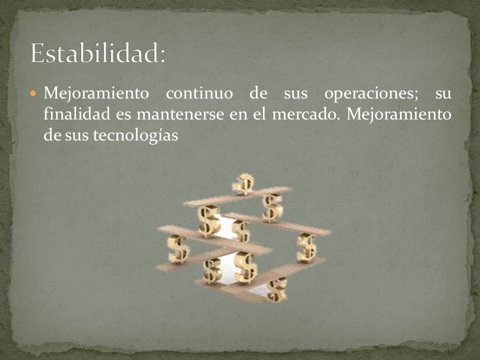 Estabilidad: Mejoramiento continuo de sus operaciones; su finalidad es mantenerse en el mercado.