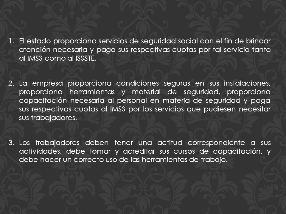 El estado proporciona servicios de seguridad social con el fin de brindar atención necesaria y paga sus respectivas cuotas por tal servicio tanto al IMSS como al ISSSTE.