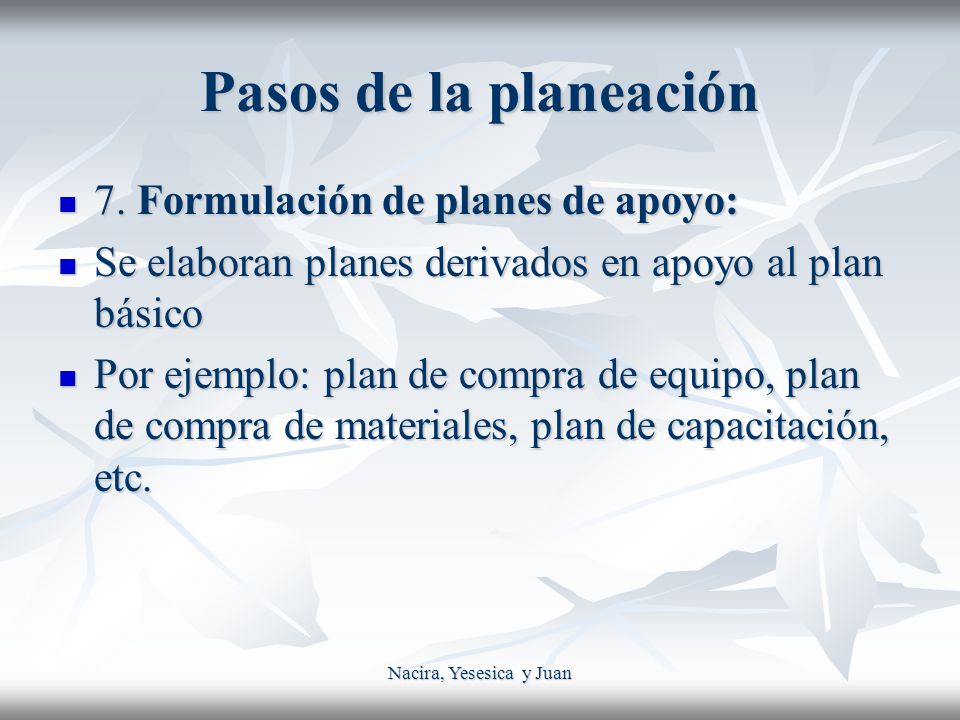 Pasos de la planeación 7. Formulación de planes de apoyo: