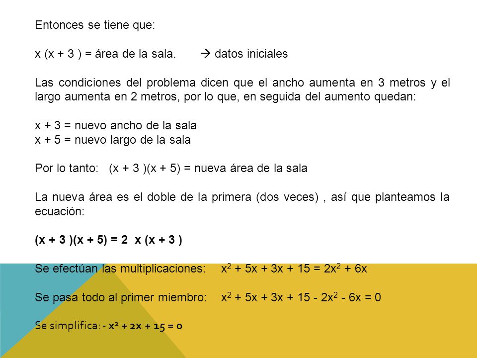 Entonces se tiene que: x (x + 3 ) = área de la sala.  datos iniciales.
