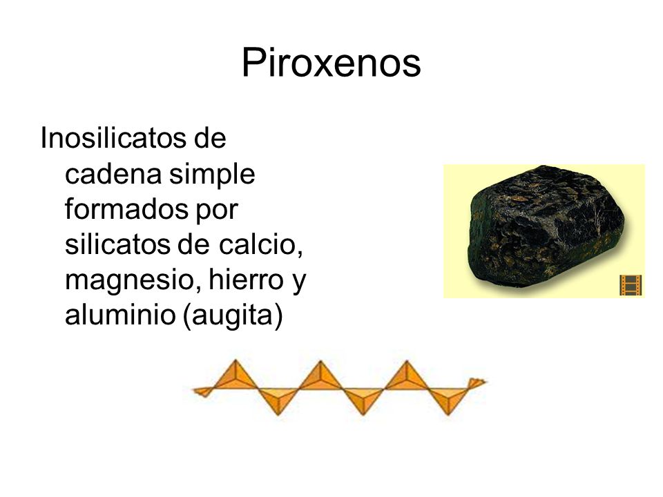 Piroxenos Inosilicatos de cadena simple formados por silicatos de calcio, magnesio, hierro y aluminio (augita)