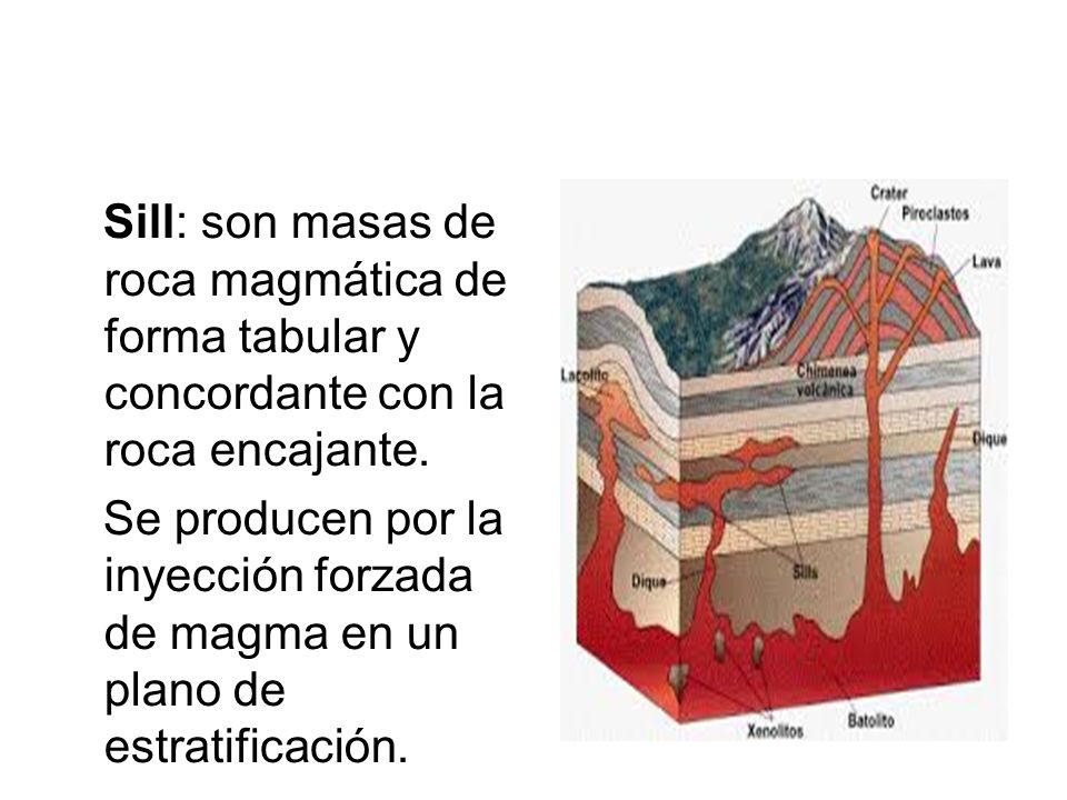 Sill: son masas de roca magmática de forma tabular y concordante con la roca encajante.