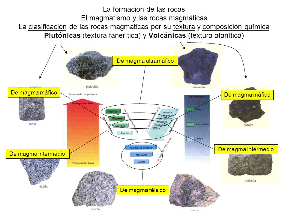 La formación de las rocas El magmatismo y las rocas magmáticas La clasificación de las rocas magmáticas por su textura y composición química Plutónicas (textura fanerítica) y Volcánicas (textura afanítica)