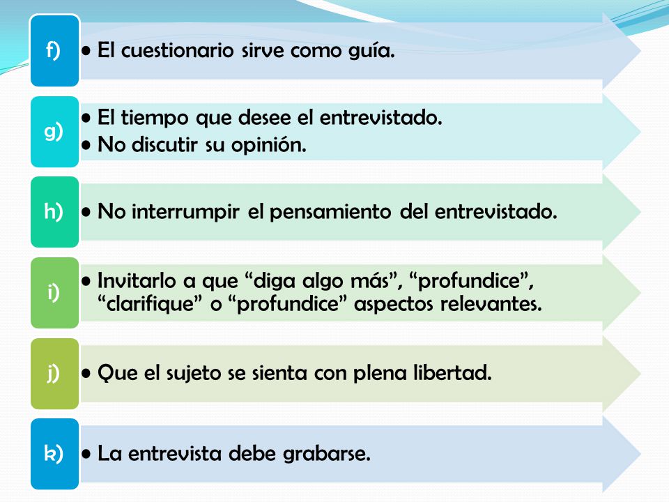 f) El cuestionario sirve como guía. g) El tiempo que desee el entrevistado. No discutir su opinión.