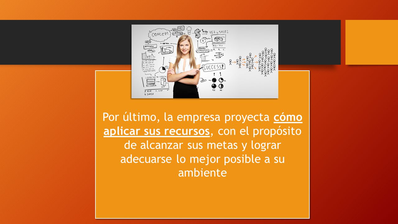 Por último, la empresa proyecta cómo aplicar sus recursos, con el propósito de alcanzar sus metas y lograr adecuarse lo mejor posible a su ambiente