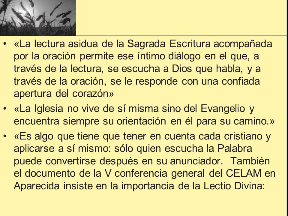 «La lectura asidua de la Sagrada Escritura acompañada por la oración permite ese íntimo diálogo en el que, a través de la lectura, se escucha a Dios que habla, y a través de la oración, se le responde con una confiada apertura del corazón»