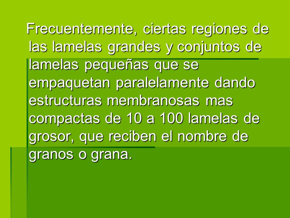 Frecuentemente, ciertas regiones de las lamelas grandes y conjuntos de lamelas pequeñas que se empaquetan paralelamente dando estructuras membranosas mas compactas de 10 a 100 lamelas de grosor, que reciben el nombre de granos o grana.