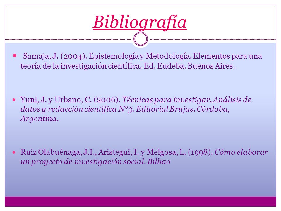 Bibliografía Samaja, J. (2004). Epistemología y Metodología. Elementos para una teoría de la investigación científica. Ed. Eudeba. Buenos Aires.