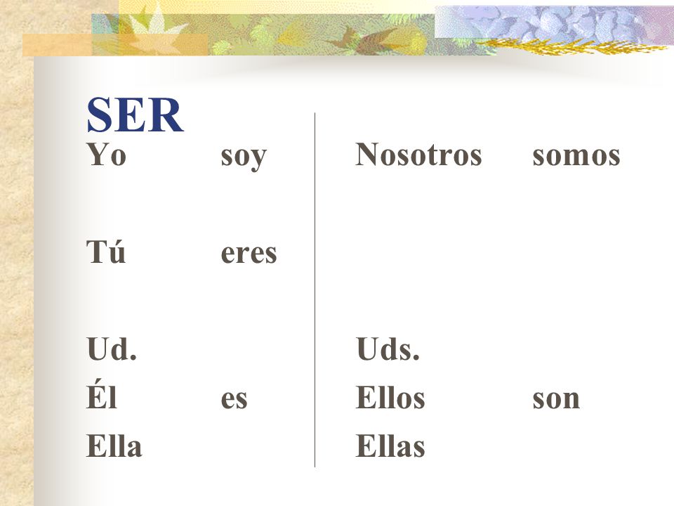 SER Yo soy Tú eres Ud. Él es Ella Nosotros somos Uds. Ellos son Ellas