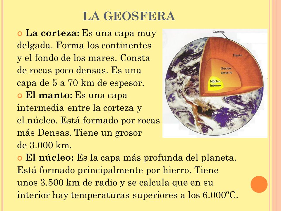 LA GEOSFERA La corteza: Es una capa muy delgada. Forma los continentes