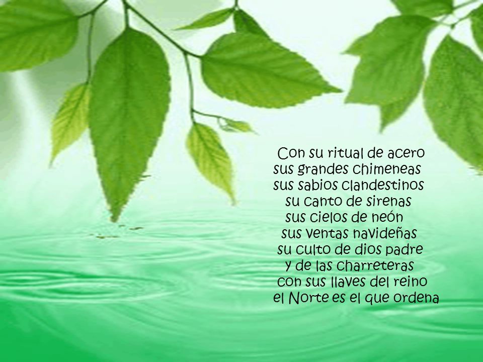 Con su ritual de acero sus grandes chimeneas. sus sabios clandestinos. su canto de sirenas. sus cielos de neón.