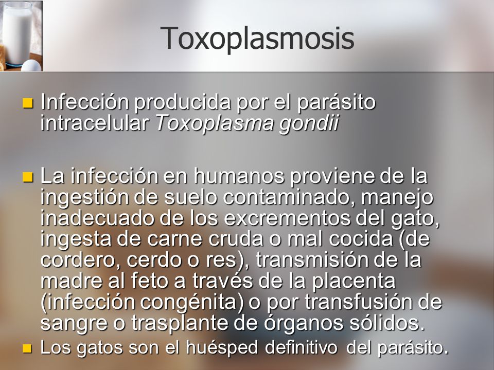 Toxoplasmosis Infección producida por el parásito intracelular Toxoplasma gondii.